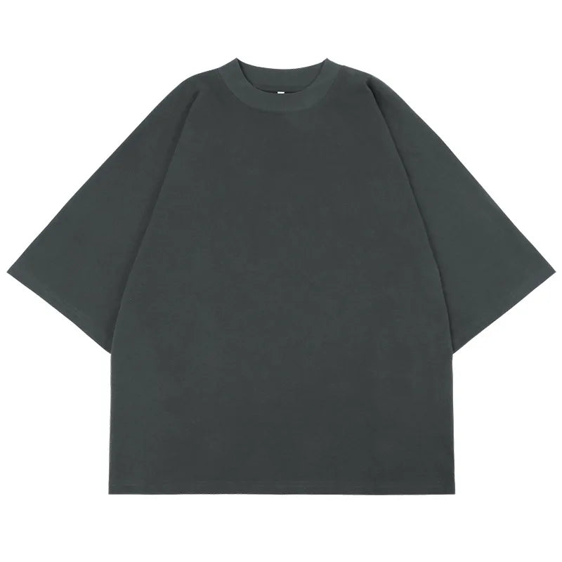 300GSM Heavyweight Cotton Boxy Cropped Tee | Slim Neck Streetwear T-Shirt Hip Hop Men's Short Wide Distressed Shirt