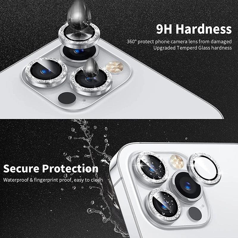 9H Tempered Glass Camera Cover Screen Protector Metal Individual Ring For iPhone Phone Glitter Camera Lens Protector Film For iPhone 14 13 12 11 Pro Max Luminous Lens Metal Glass Protective Cover Stevvex