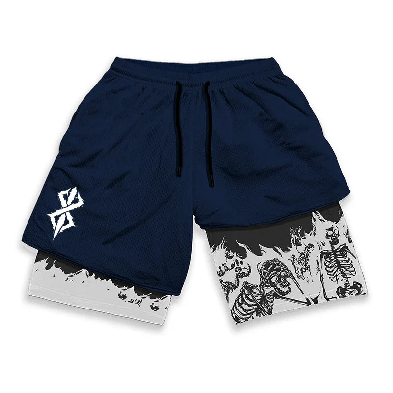 Berserk Skull Print 2 in 1 Running Workout Shorts