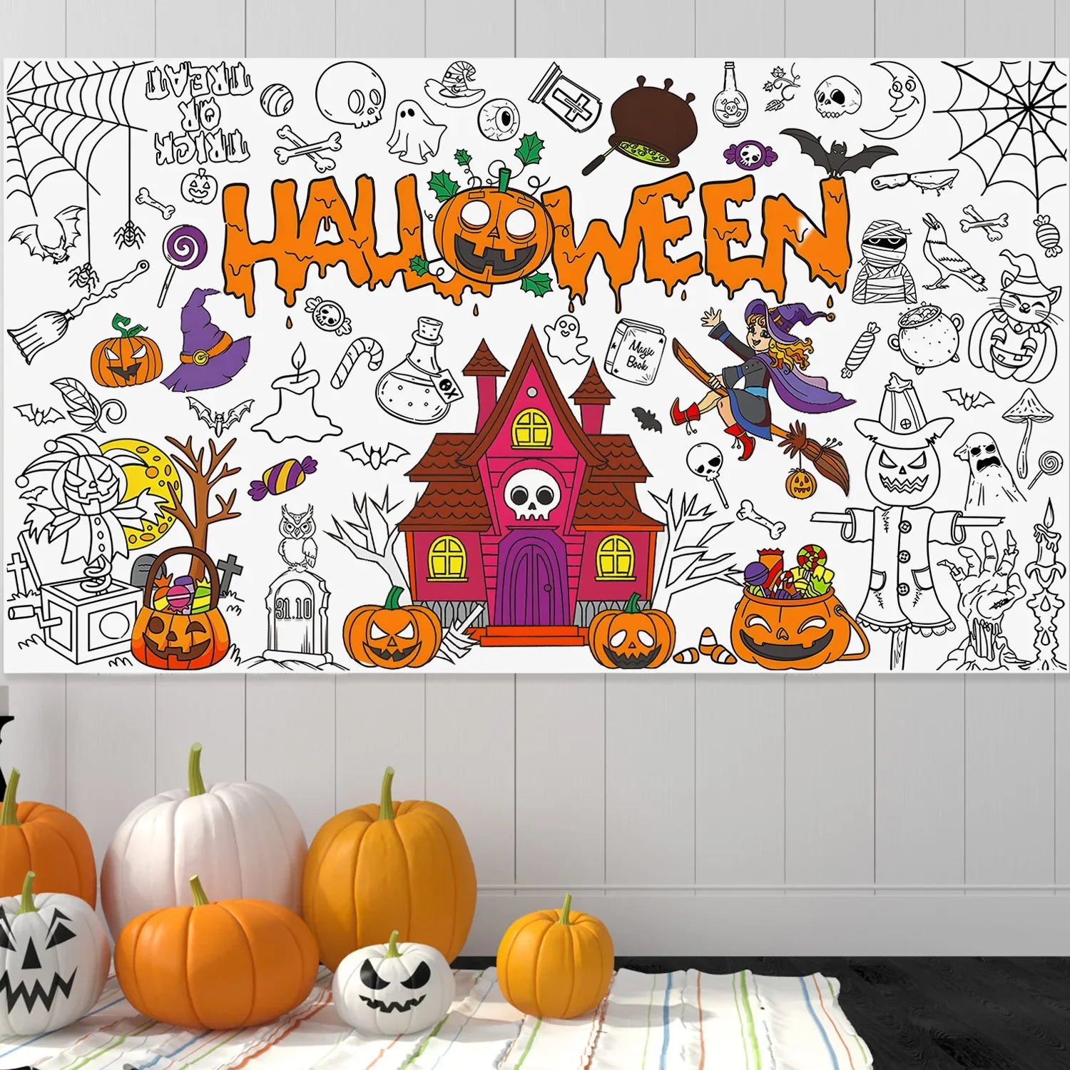 Halloween Coloring Poster for Kids Doodle Tablecloth/gift bag Cute Pumpkin Castle Background Decor Party Activity Art Paper Lootquake LLC