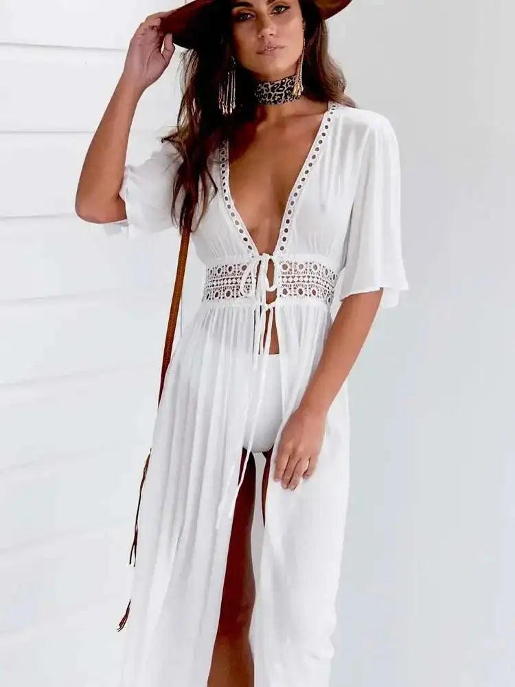 2024 Summer Bikini Cover-ups Women Bohemian Beach Long Dress Short Sleeve Lace Hollow Out Cardigan Swimwear Cover Ups Beachwear Lootquake LLC