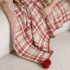 Half Flannel Plaid Blanket with Wool Balls Four Season Universal Red Soft Sofa Blanket Warm Napping Shawl for Home Travel Lootquake LLC