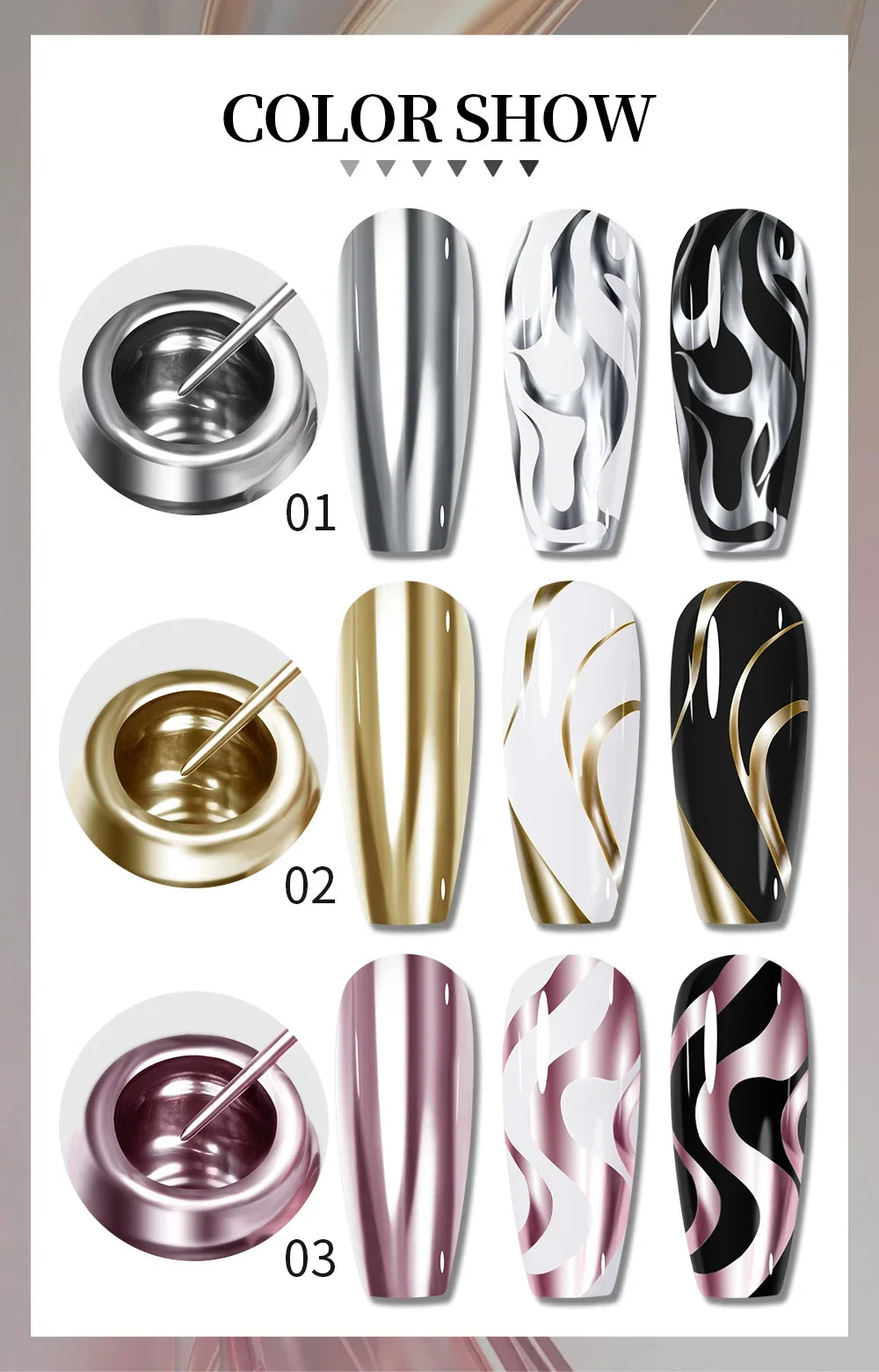5ML Gold Silver Metallic Liner Paint Gel Polish Chrome Mirror Metal Effect Super Bright French UV LED Semi Permanent Nail Gel Lootquake LLC