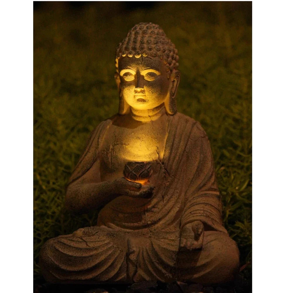 Resin Solar Buddha Statue Sculpture Garden Decor Light Zen Asian Japanese Garden Decoration Outdoor Front Porch Patio Yard Home Lootquake LLC