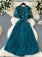 Designer 2025 Summer Pleated Chiffon Lace Long Dress Women Flower Embroidery Gold Button Belt Evening Party Dresses Wedding Robe Lootquake LLC