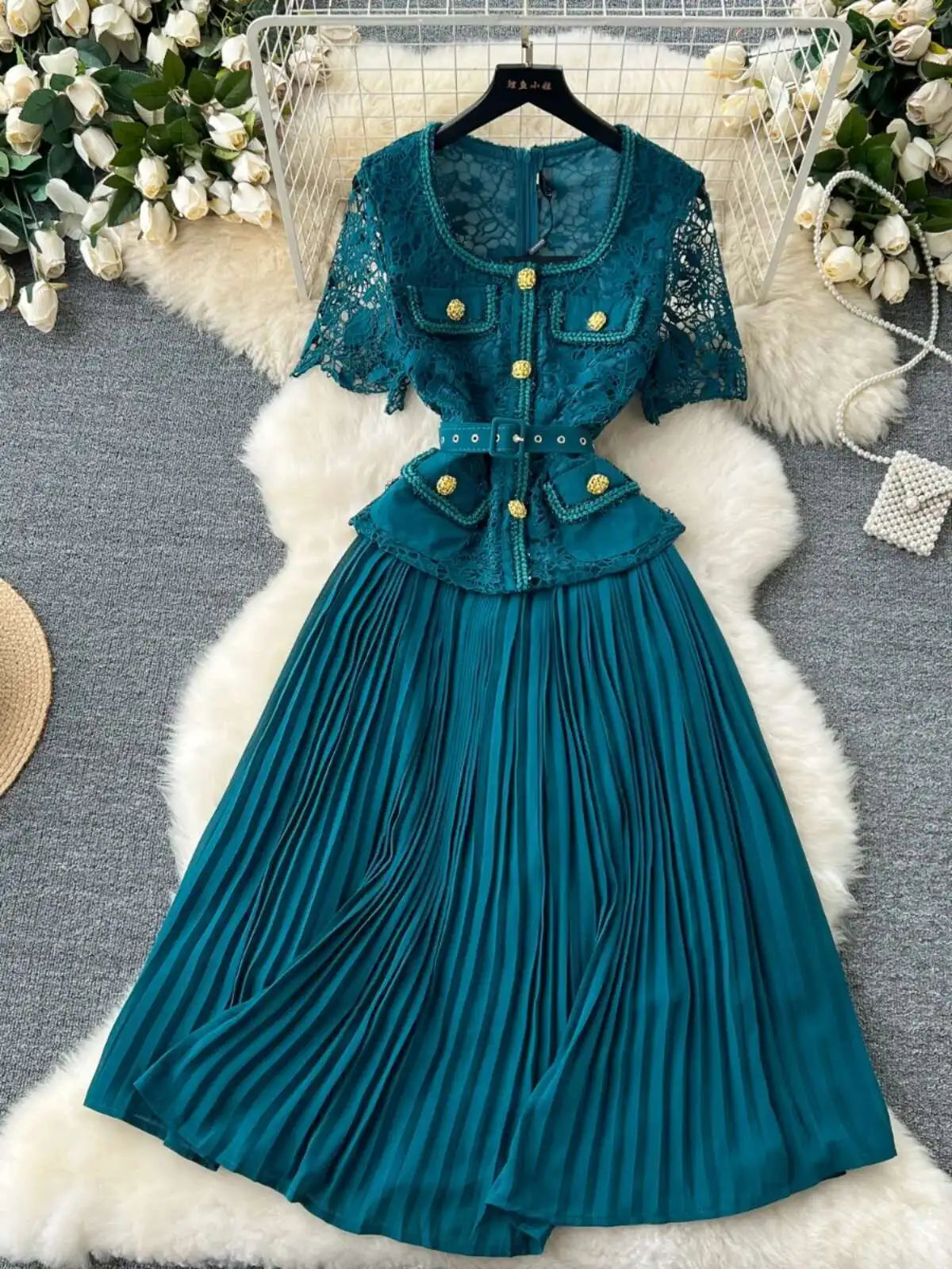 Designer 2025 Summer Pleated Chiffon Lace Long Dress Women Flower Embroidery Gold Button Belt Evening Party Dresses Wedding Robe Lootquake LLC