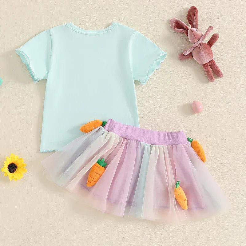Adorable Infant Easter Dress Set with Bunny Graphic Tee and Fluffy Carrot Skirt for Baby Girls - 2 Piece Outfit