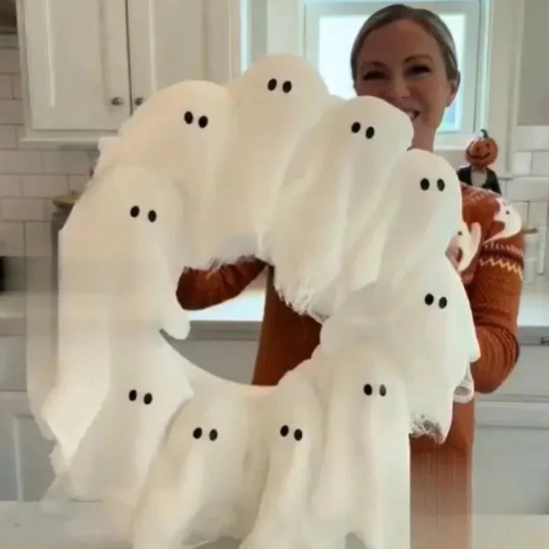 New Exquisite Halloween Light-Up Ghost Wreath Decoration For Ndoor Outdoor Wall Decor Spooky Front Door Led Hanging Decor Props