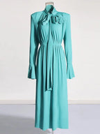 Solid Patchwork Appliques Dresses For Women Half High Collar Flare Sleeve High Waist Elegant Long Dress Female Fashion New