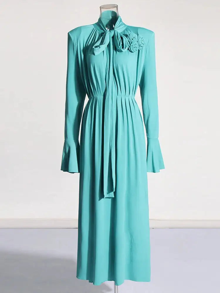 Solid Patchwork Appliques Dresses For Women Half High Collar Flare Sleeve High Waist Elegant Long Dress Female Fashion New