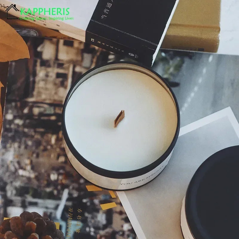 Black Tin Can Scented Aromatic Candles Wooden Wick Candle Jars with Lid Classic Home Decorative Candles Dried Flower Lootquake LLC