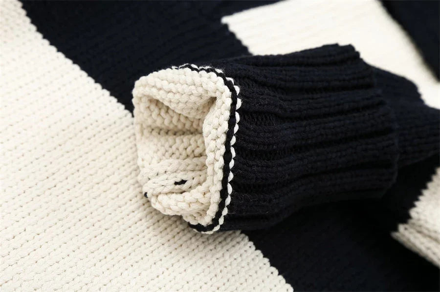 Women Fashion Black Striped Knit Sweater Spring Vintage Polo Neck Long Sleeve Female Pullovers Chic Tops - SJB-DIAMOND ELITES
