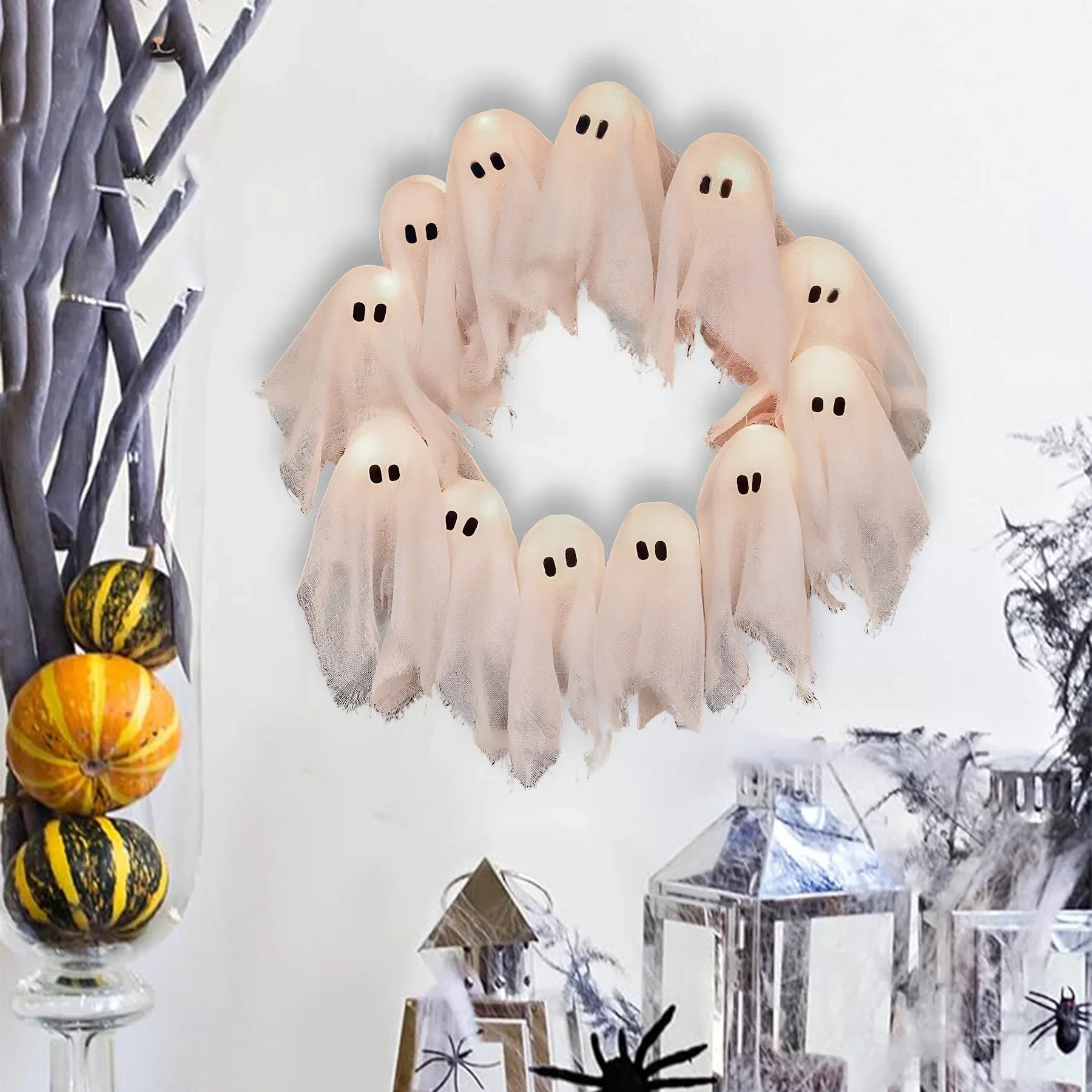 Halloween Light-up Ghost Wreath Decoration for ndoor Outdoor Wall Decor Spooky Front Door Led Hanging Decor Props Lootquake LLC
