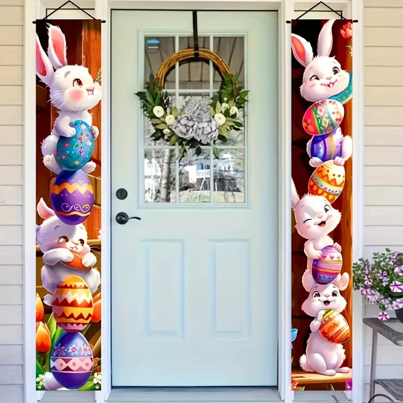 Happy Easter 2PC  Bunny Door Banners Polyester Easter Egg Decorative Flags for Outdoor Indoor Holiday Easter Decoration 2025 Lootquake LLC