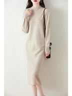 Autumn Winter Women's Wool Long Dress Cashmere Mock Neck Pullover Sweater 100% Merino Wool Soft Knitwear OL Simple Basic Dress Lootquake LLC