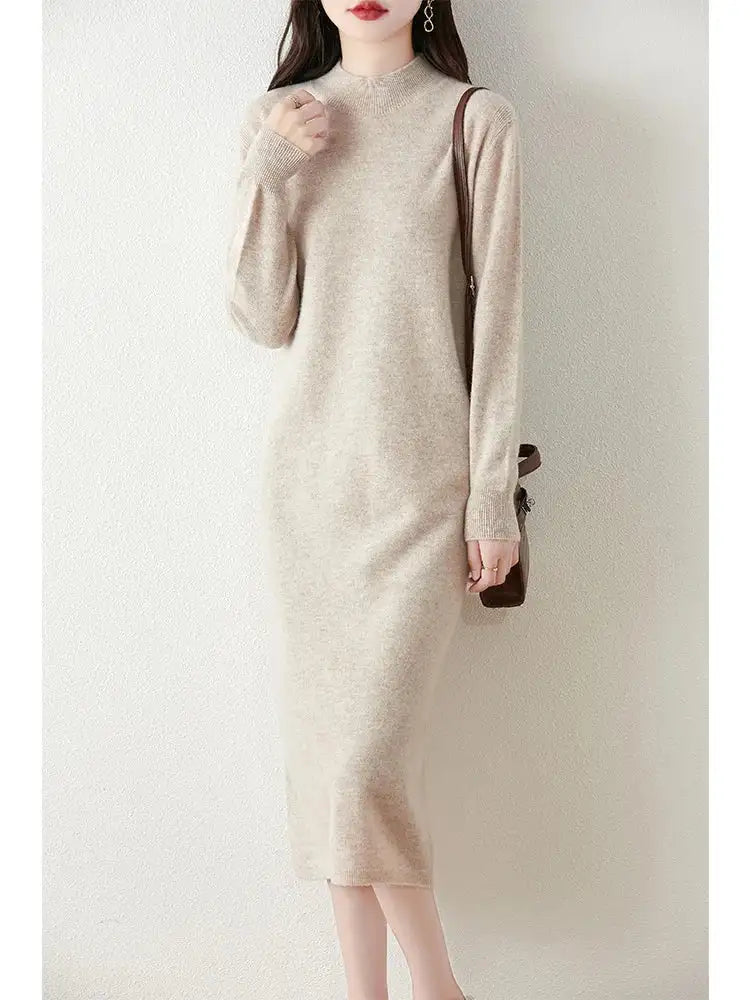 Autumn Winter Women's Wool Long Dress Cashmere Mock Neck Pullover Sweater 100% Merino Wool Soft Knitwear OL Simple Basic Dress Lootquake LLC