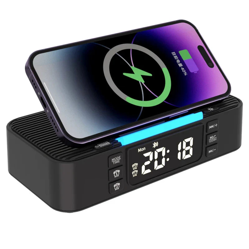 Portable Bluetooth Speaker with Wireless Charging Atmosphere Light Clock Alarm Function Double Speaker USB Charging Lootquake LLC