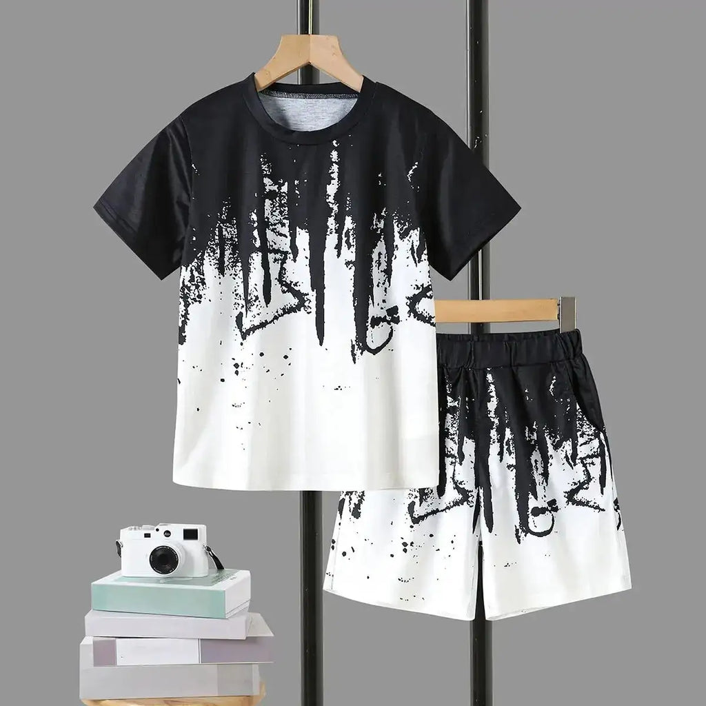 Boys' Summer Set: Cool Black & White Round-neck T-shirt with Slanted Pocket, Paired with Matching Shorts for Casual Play.