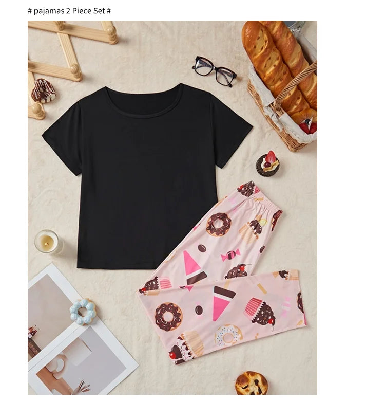 Women's Sleepwear Cozy Heart Print Relaxed Fit Pajama Set Short Sleeve Tee Top & Pants Nightwear 2 Piece Pyjama for All Seasons Lootquake LLC