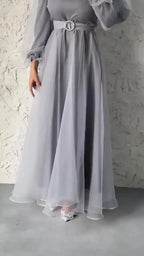 Spring Elegant Mesh Dress Muslim Women Fashion Solid High Waist Mesh Lantern Sleeves Long Dress Women
