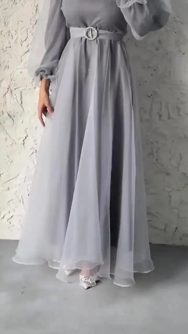 Spring Elegant Mesh Dress Muslim Women Fashion Solid High Waist Mesh Lantern Sleeves Long Dress Women