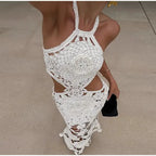 Fashion Hollow Out Halter Maxi Dress For Women 2024 Sexy Sleeveless Backless Long Dress Holiday Hook Flower Knitted Beach Robe