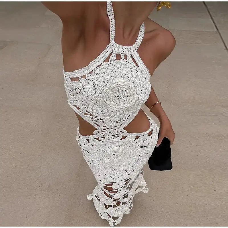 Fashion Hollow Out Halter Maxi Dress For Women 2024 Sexy Sleeveless Backless Long Dress Holiday Hook Flower Knitted Beach Robe
