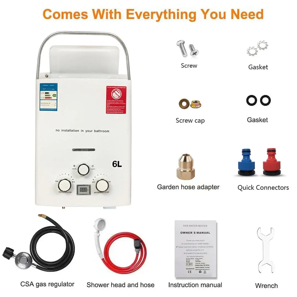 LPG Propane Gas Tankless Water Heater 6L Outdoor Camping Instant Heating Bath With Shower Head Hot Water Heater Car Truck Tent Lootquake LLC