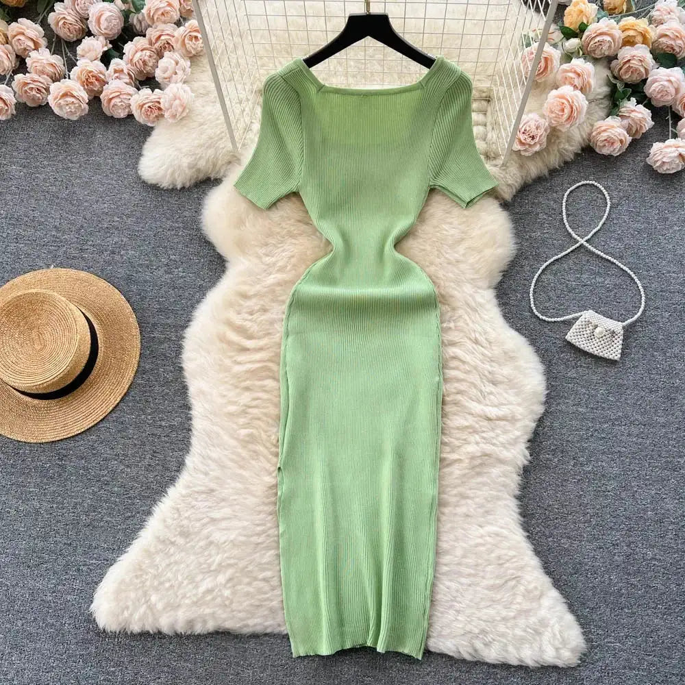 Green 2024 Sexy Summer Knit Short Sleeve Dress Women Squar Collar Waist Bodycon Sundress Female Beach  Backless Long Dress