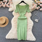 Green 2024 Sexy Summer Knit Short Sleeve Dress Women Squar Collar Waist Bodycon Sundress Female Beach  Backless Long Dress