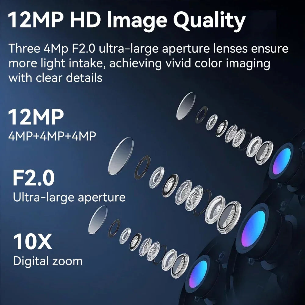 6K 12MP Outdoor WiFi Camera Three Screen Three Lens 10X Zoom PTZ Automatic Tracking Audible Visual Alarm Security Camera Lootquake LLC