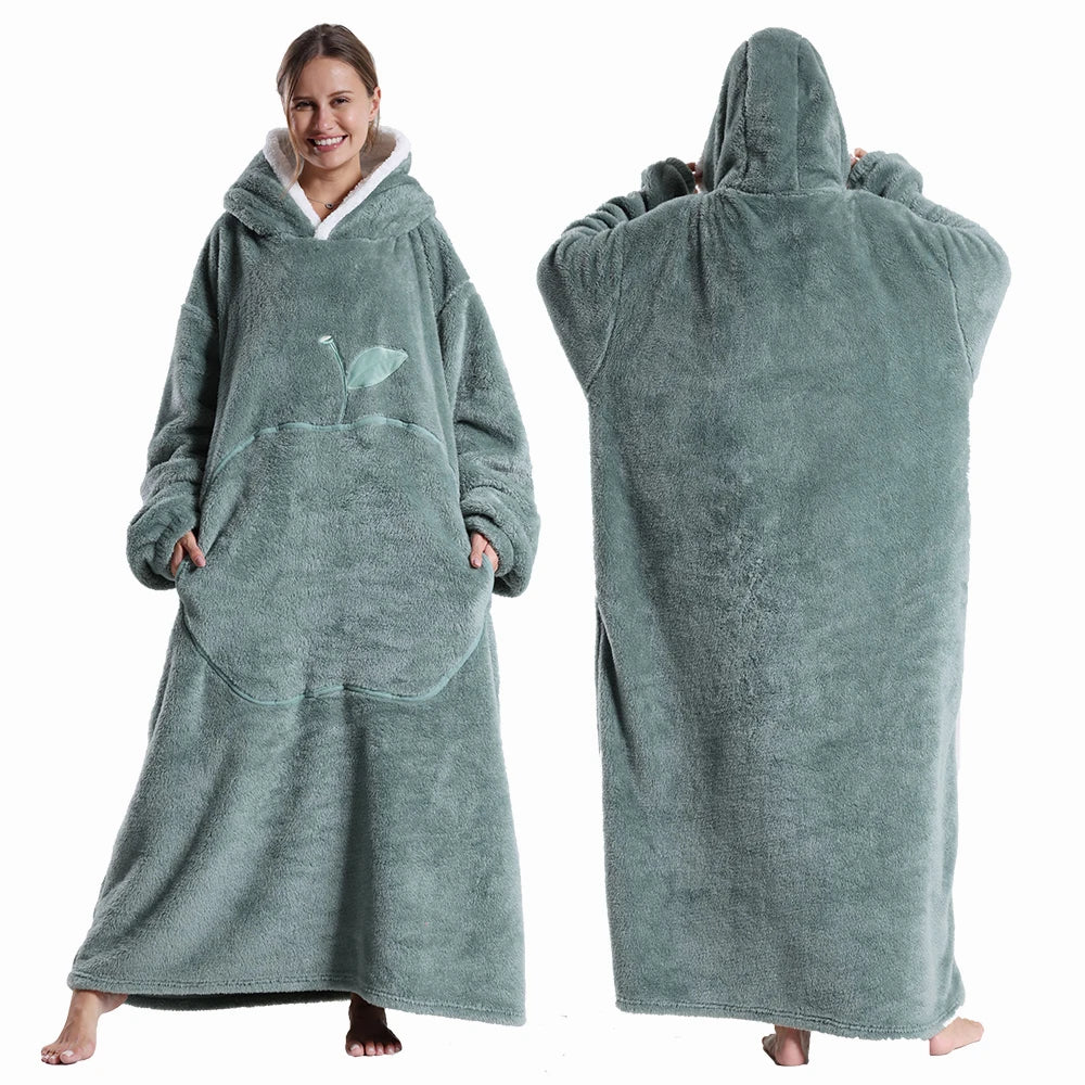 Extra Long Wearable Blankets Winter Flannel Hooded Blanket with Full Sleeves Men Women Cozy Soft Throw Adult TV Blanket Lootquake LLC