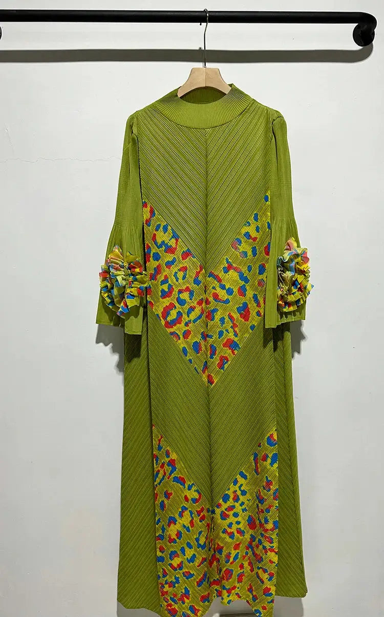 2024 Miyake Fashion Splicing Leopard Print Maxi Dress with Round Neck Hand Shake Flower Horn Sleeves Long Loose Fit Long Dress