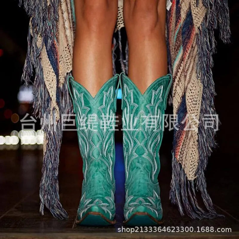 Embroidery Cowboy Boots For Women Knee High Med Calf Vintage Western Cowgirl Boots Women Heeled Casual Shoes Autumn Block Heel Lootquake LLC