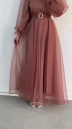 Spring Elegant Mesh Dress Muslim Women Fashion Solid High Waist Mesh Lantern Sleeves Long Dress Women