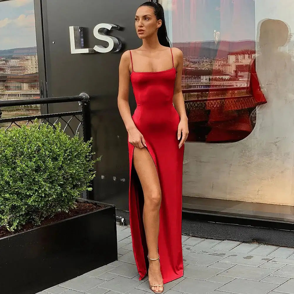Summer Sexy Dress Women's New Slim Slim Fit Open Back Sexy Split Dress Long Dress Street Style Retro Dress Elegant Robe