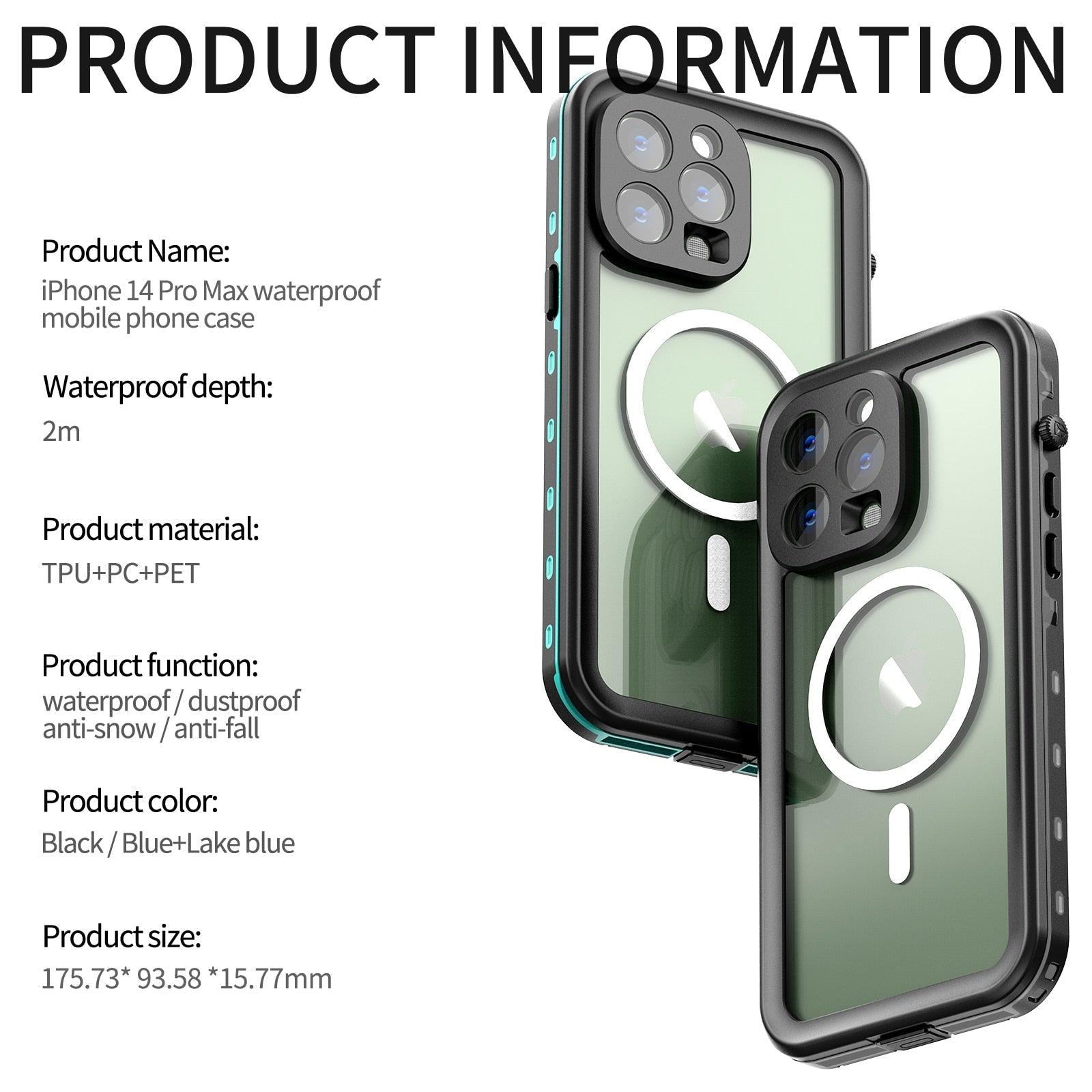 Waterproof Case For iPhone 14 Pro Max 14 Pro iPhone 13 Pro Max Protector Full Body Protective Dustproof Magnetic Phone Case Waterproof 360 Degree All-Round Protection with Built-in Screen Protector Outdoor Transparent  Shockproof Case Stevvex