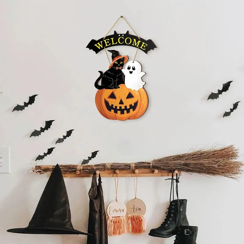 Welcome Sign w/ Cat, Ghost & Pumpkin Lootquake LLC