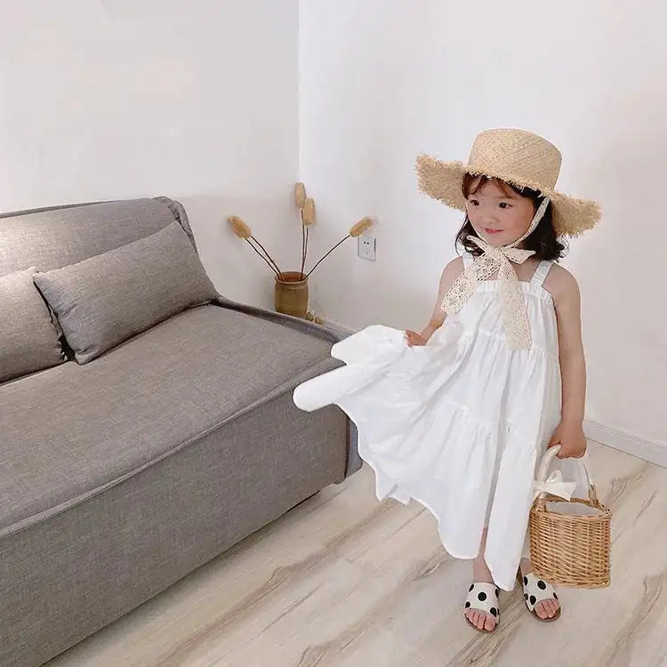 Girls Cotton Solid White Dress Ruffles Kids Strap Dress Summer Sleeveless Toddler Baby Long Dress Girl Clothes 1-6Y Kleid/robe