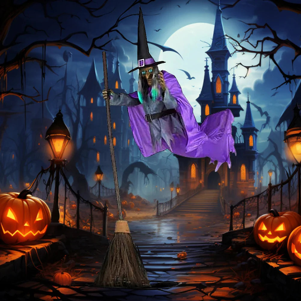 Halloween Props with Terrifying Sounds and Lights Fun Costumes Flying Scary Witch Broom Wizard Decor for Garden Yard Lawn Indoor Lootquake LLC