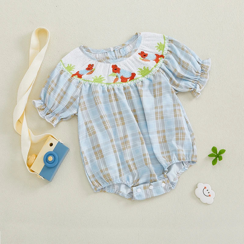 Adorable Infant Easter Jumpsuit with Sweet Bunny Embroidery and Smocked Detailing - Stylish Short Sleeve Baby Girl Outfit for Lootquake LLC