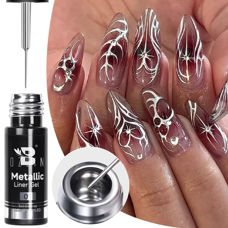 5ML Gold Silver Metallic Liner Paint Gel Polish Chrome Mirror Metal Effect Super Bright French UV LED Semi Permanent Nail Gel Lootquake LLC