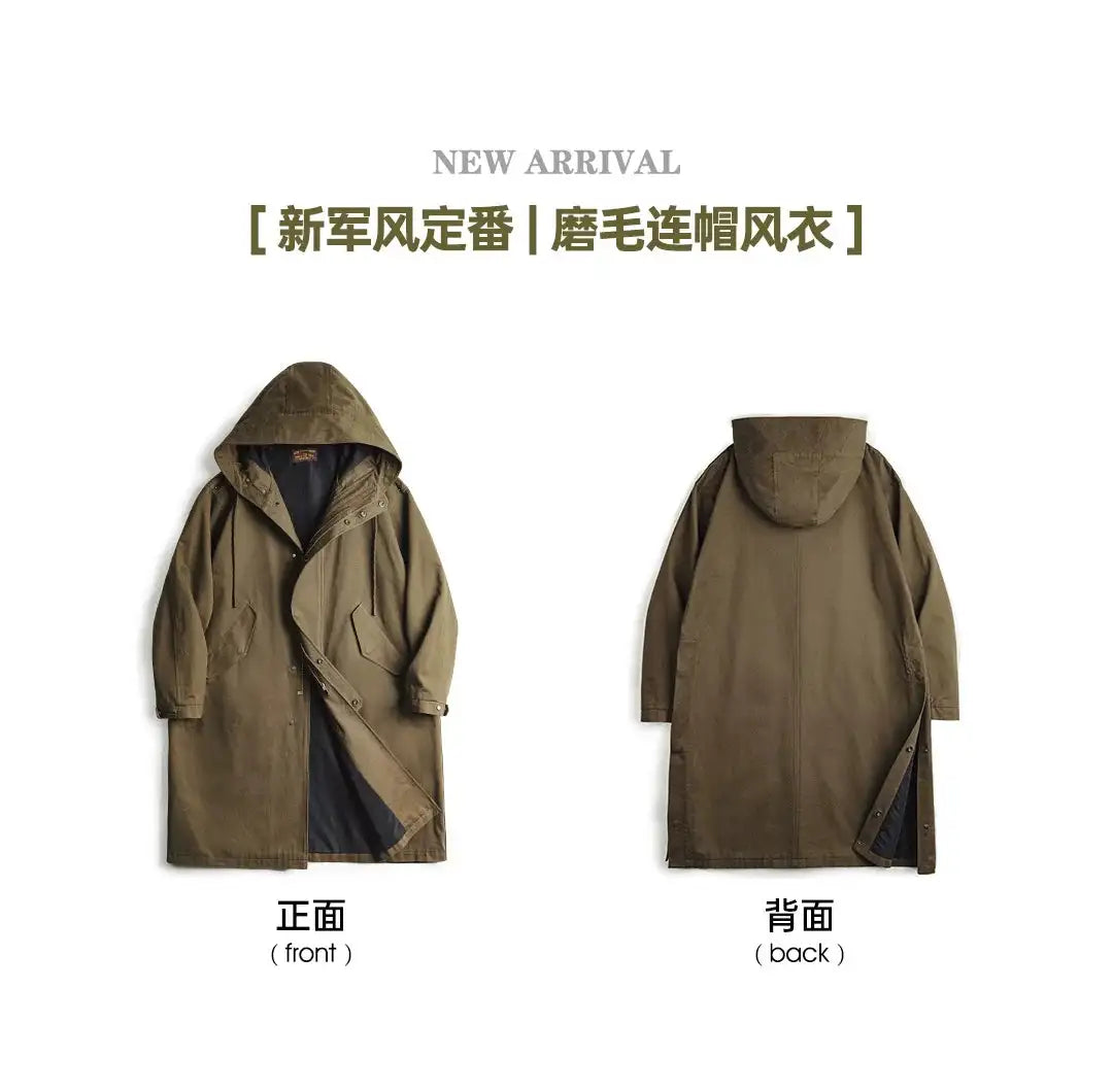 Maden Retro M51 Hooded Windbreaker Loose Fit Cotton Zipper Mid-length Jacket Versatile Solid Color Outerwear for Men's Autumn Lootquake LLC