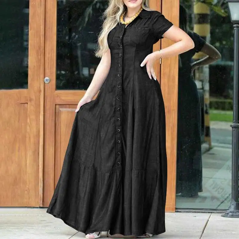 2023 Fashion New Long Dress Shirt Neck Pocket Large Swing Dress Casual Elegant Temperament Single Breasted Denim Dress