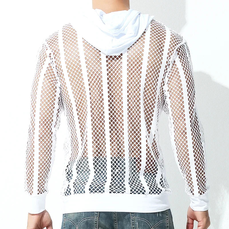Men Mesh Shirt Transparent Long Sleeve Men Clothing Sexy Solid Party Nightclub Hooded Tops Lootquake LLC