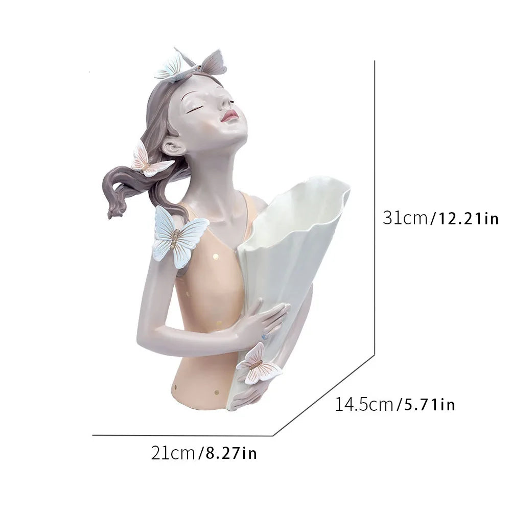 New Butterfly Girl Sculpture Vase Bust Model Art Modern Storage Statues Home Living Room Desktop Decor Character Figurine