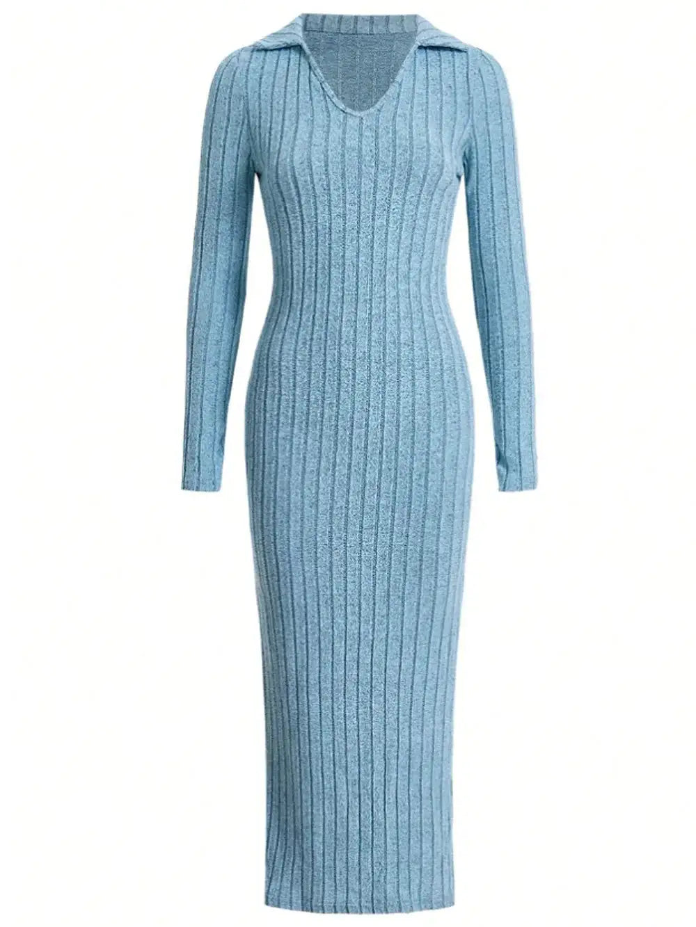2024 Spring/Summer Knitted Dress Slim Fit Fashion Casual Women's Lapel Long sleeved Dress Concave Stripe Solid Color Long Dress