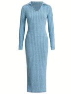2024 Spring/Summer Knitted Dress Slim Fit Fashion Casual Women's Lapel Long sleeved Dress Concave Stripe Solid Color Long Dress