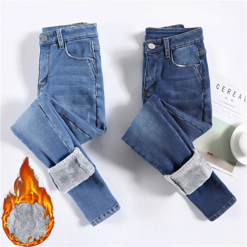 Women Thermal Jeans Winter Snow Warm Plush Stretch Jeans Lady Skinny Thicken Fleece Denim Long Pants Retro Blue Pencil Trousers Lootquake LLC