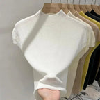 Half High Collar T-shirts Flying Sleeve Design Slim Knitted Sleeveless Top Women Simple Comfortable White T-shirts Summer 2025